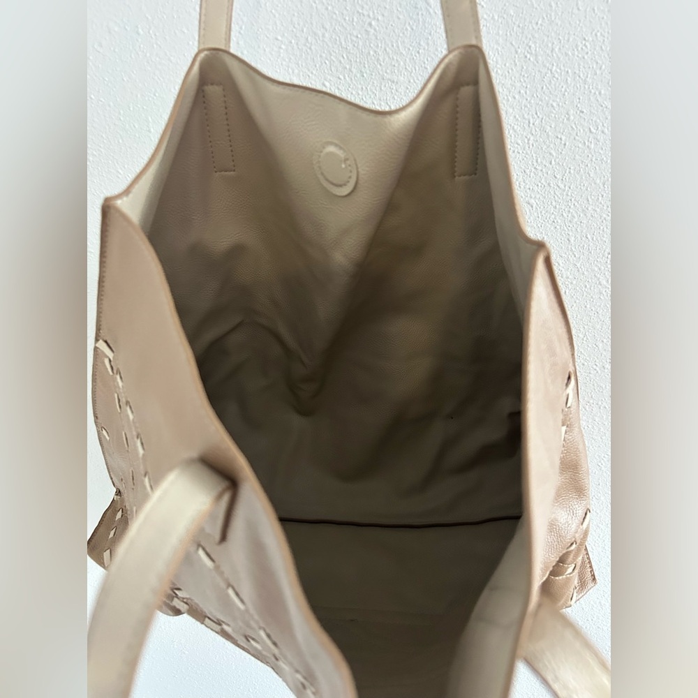 Leather Tote Bag with Removable Pouch - Tan and Cream - Picture 3 of 4
